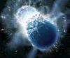 artist's conception portrays two neutron stars at the moment of collision